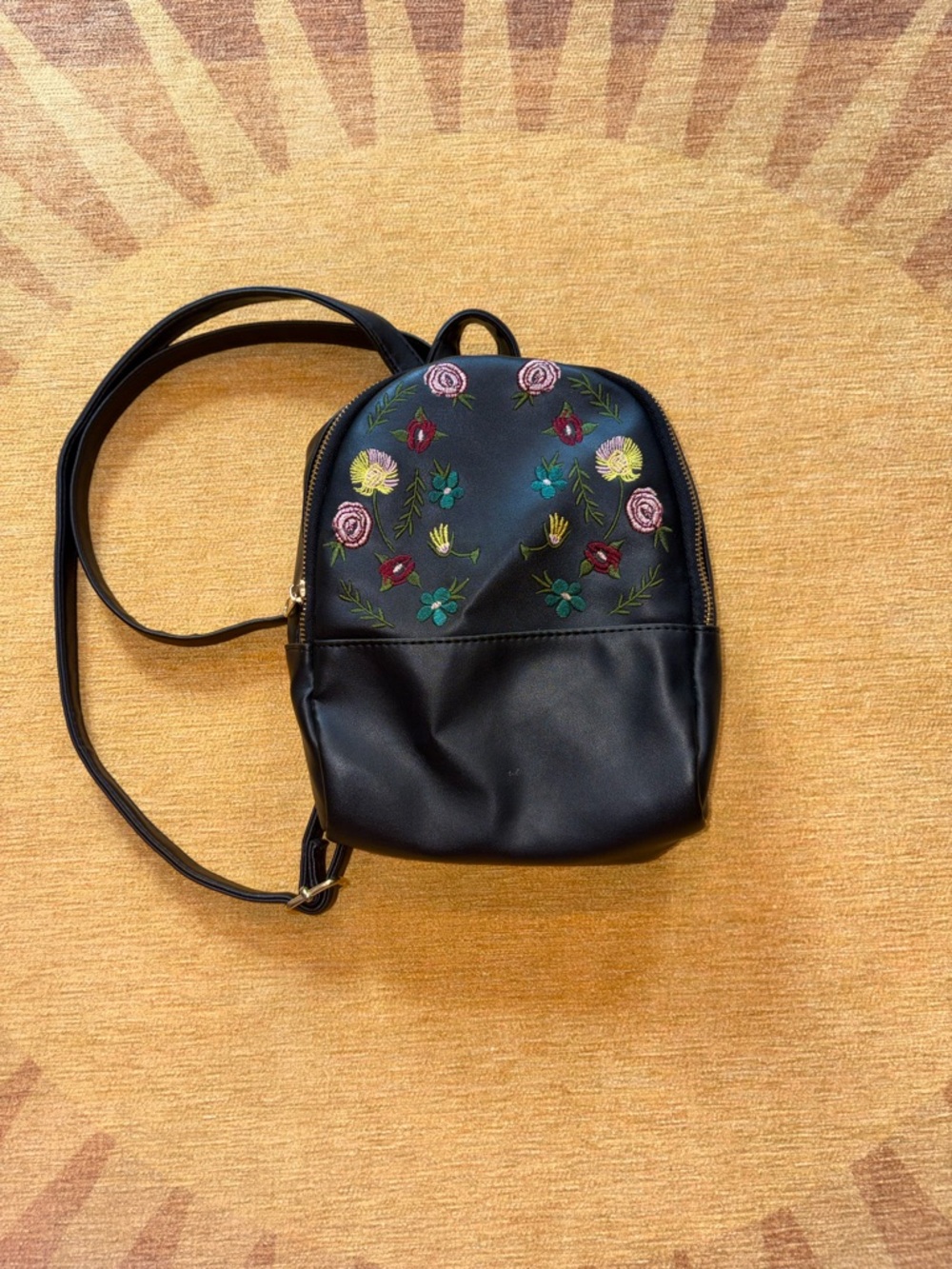 art class Black Mini Backpack with Multicolor Floral Embroidery